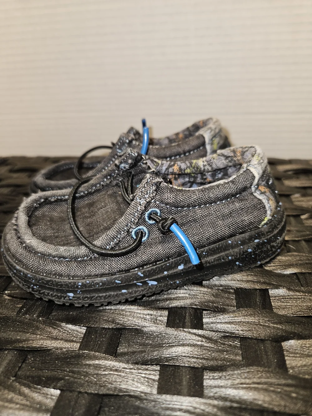 Hey Dude Kids Black Canvas Slip-On Moccasins with Blue Accents